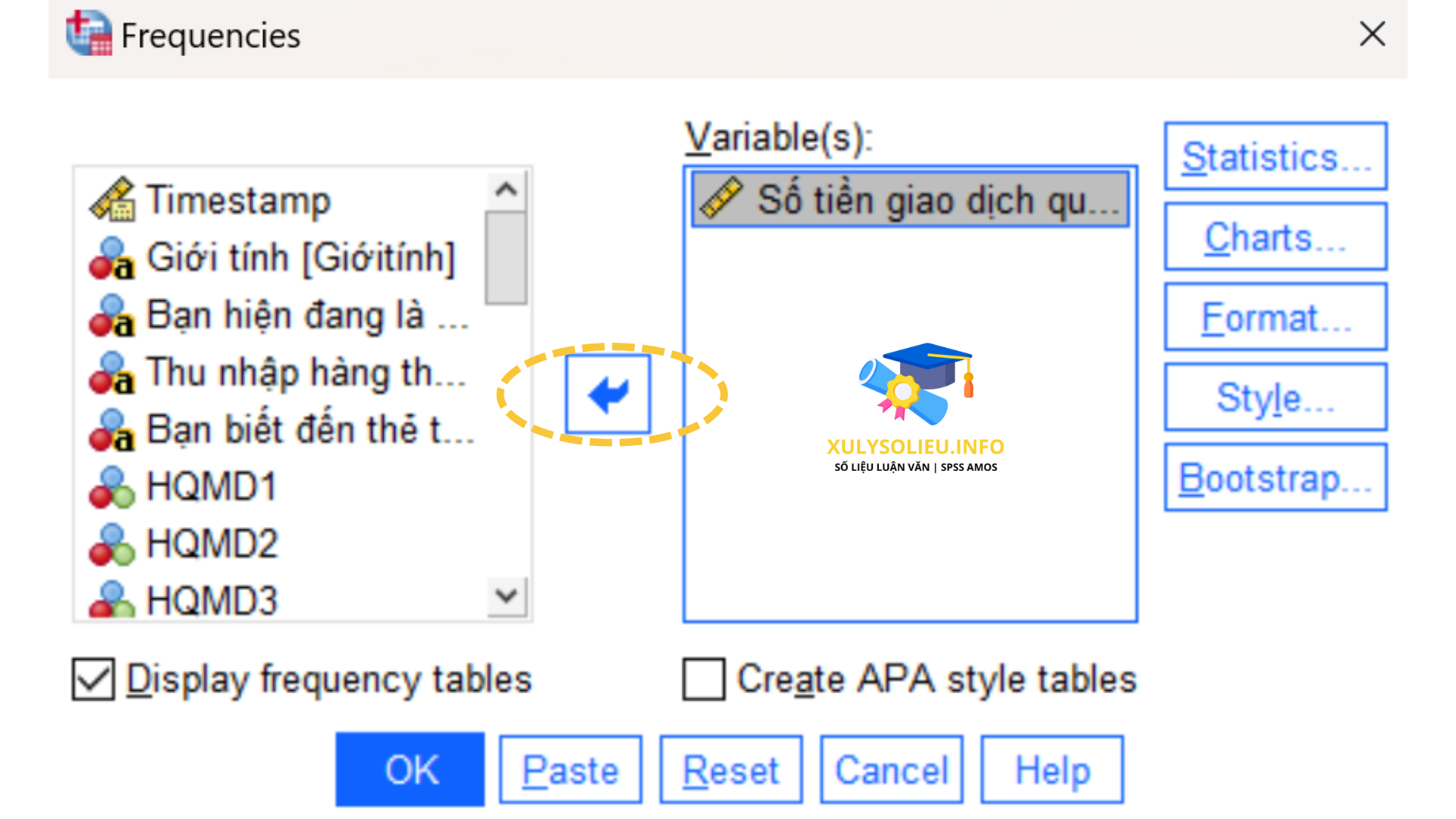 4 loại thang đo cơ bản trong SPSS: Thang đo định danh, thang đo thứ bậc, thang đo khoảng, thang đo tỷ lệ ĐƯA BIẾN SỐ TIỀN GIAO DỊCH QUA THẺ TÍN DỤNG HÀNG THÁNG VÀO Ô VARIABLE(S)