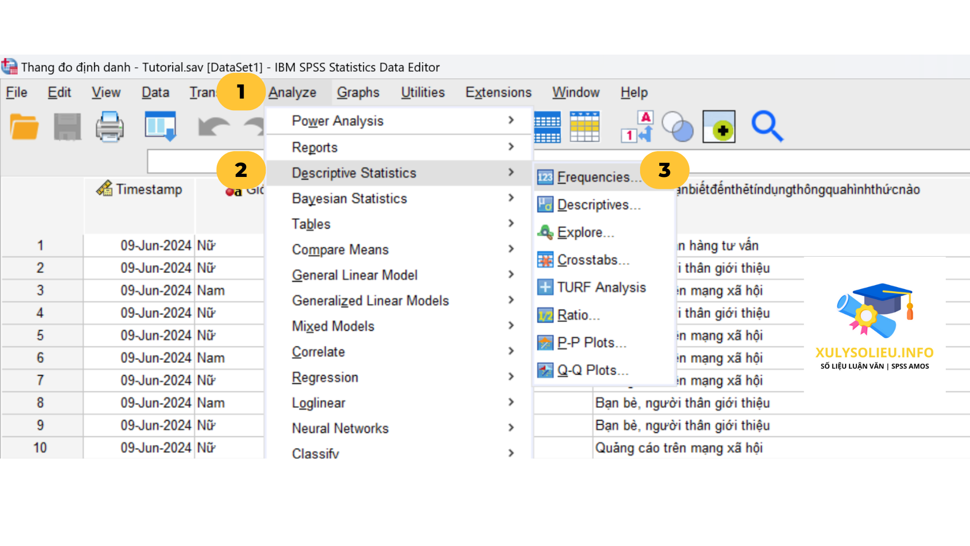 4 loại thang đo cơ bản trong SPSS: Thang đo định danh, thang đo thứ bậc, thang đo khoảng, thang đo tỷ lệ CHỌN ANALYZE > DESCRIPTIVE STATISTICS > FREQUENCIES