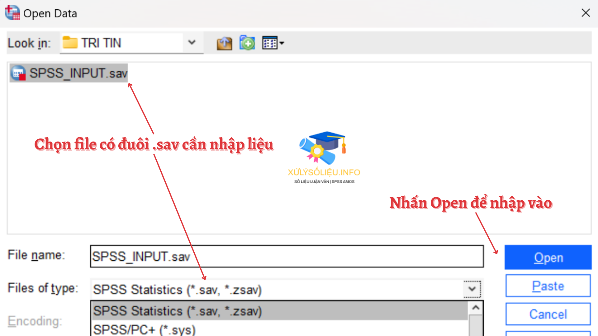 Hướng dẫn nhập liệu, import data vào phần mềm SPSS 27, 26, 20 3.Mo tap du lieu da duoc luu bang dinh dang SPSS