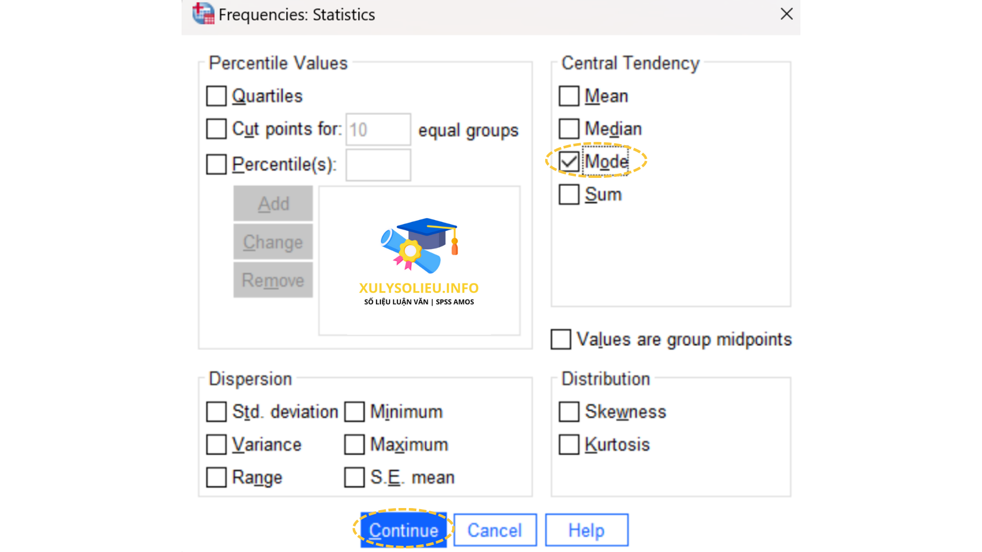 4 loại thang đo cơ bản trong SPSS: Thang đo định danh, thang đo thứ bậc, thang đo khoảng, thang đo tỷ lệ Đánh dấu Mode tại danh mục Central Tendency
