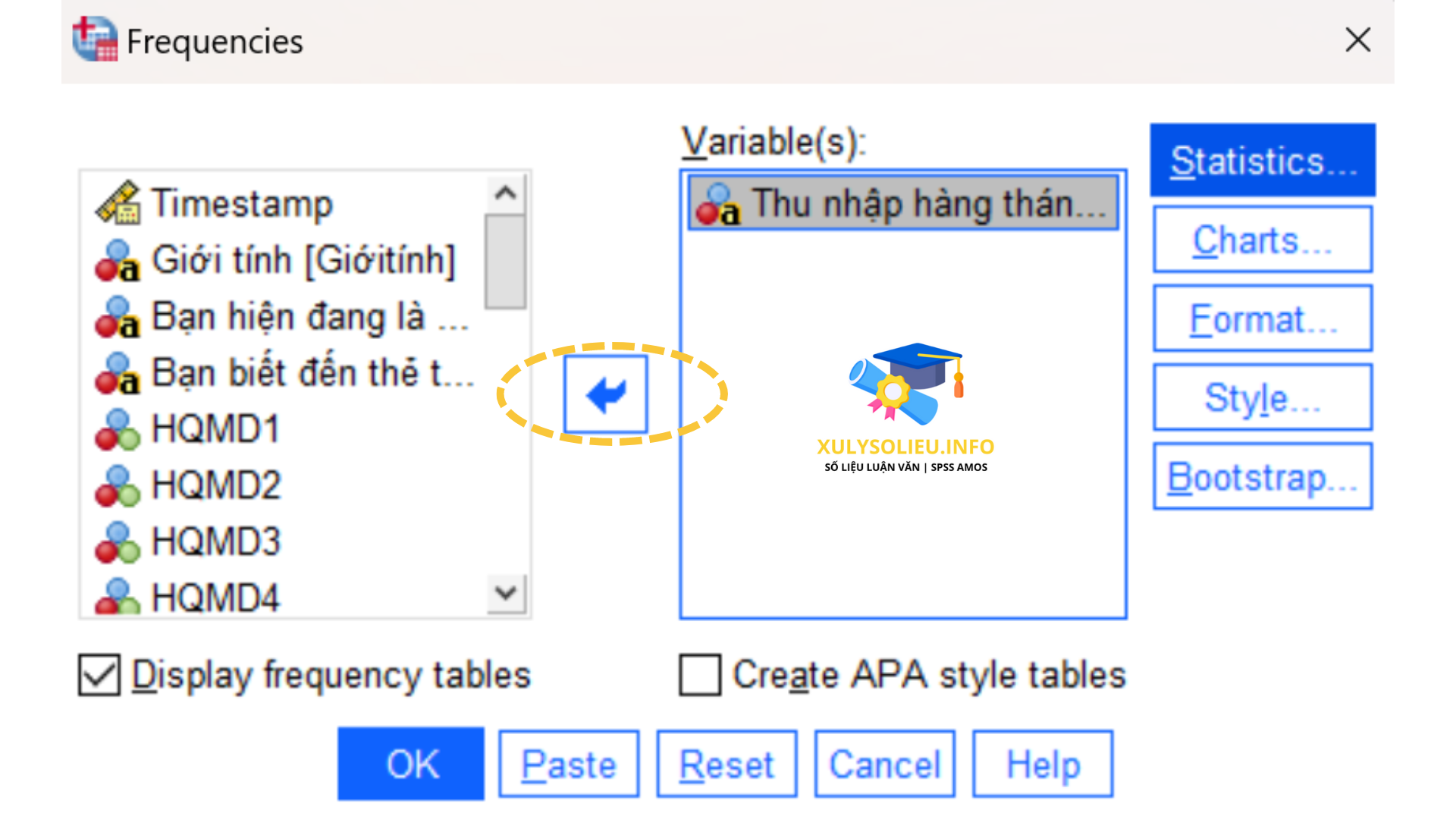 4 loại thang đo cơ bản trong SPSS: Thang đo định danh, thang đo thứ bậc, thang đo khoảng, thang đo tỷ lệ ĐƯA BIẾN “THU NHẬP HÀNG THÁNG CỦA BẠN LÀ BAO NHIÊU” VÀO Ô VARIABLE(S)