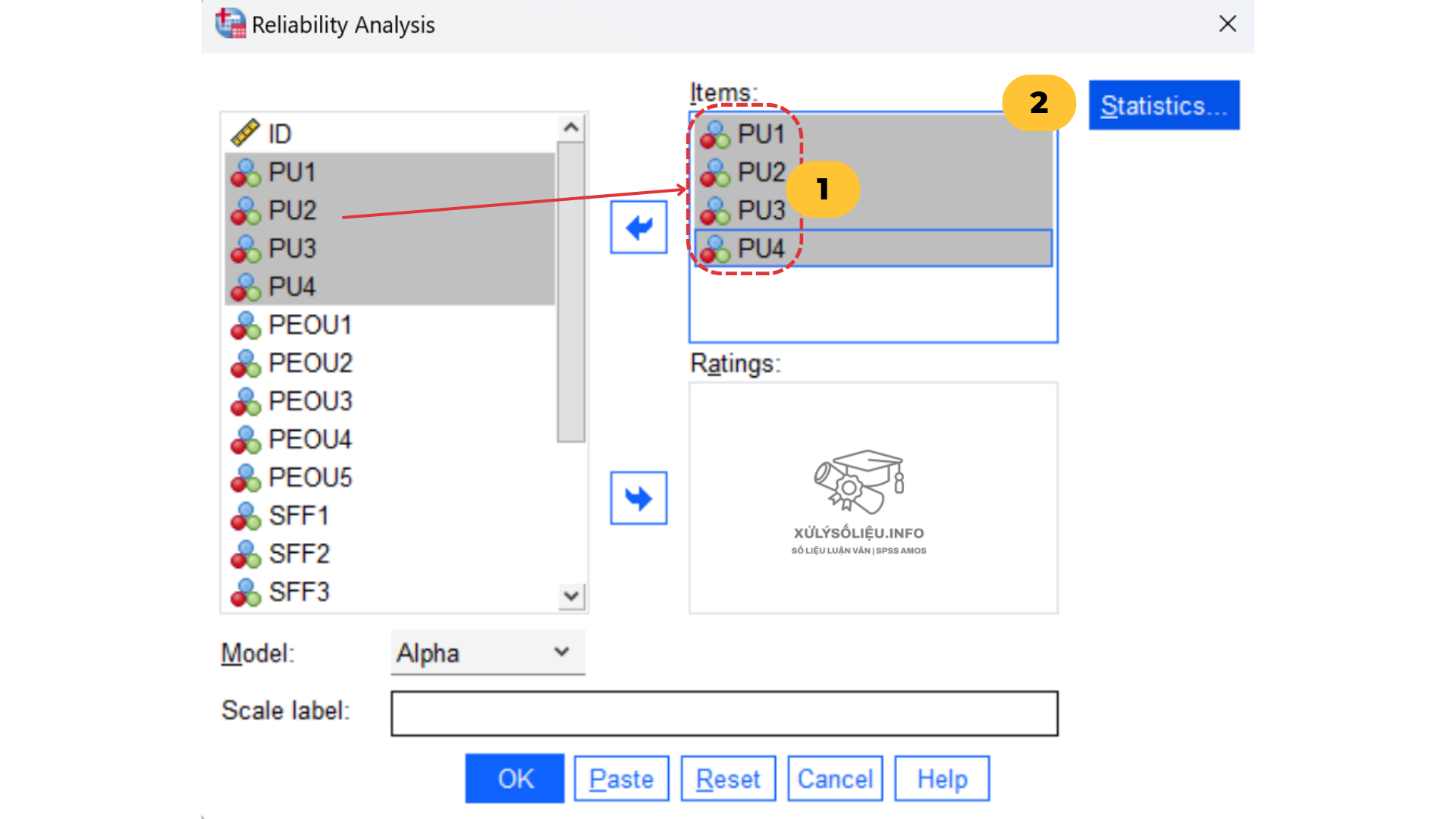 Chạy Cronbach’s Alpha trên SPSS: 4 trường hợp loại hay giữ biến Đưa 4 biến PU1-PU4 vào hộp Items