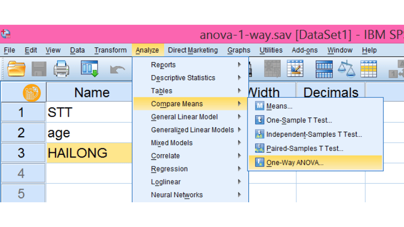 Analyze → Compare Means → One-Way ANOVA
