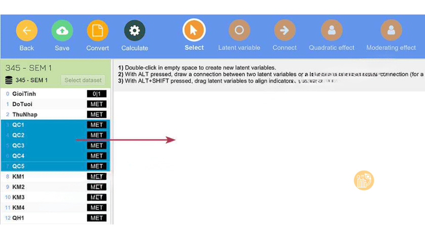 Các Kỹ Thuật Nhập Xuất Dữ Liệu & Vẽ Mô Hình Đường Dẫn trên SMARTPLS 4 chon cac bien quan sat tu QC1 den QC5