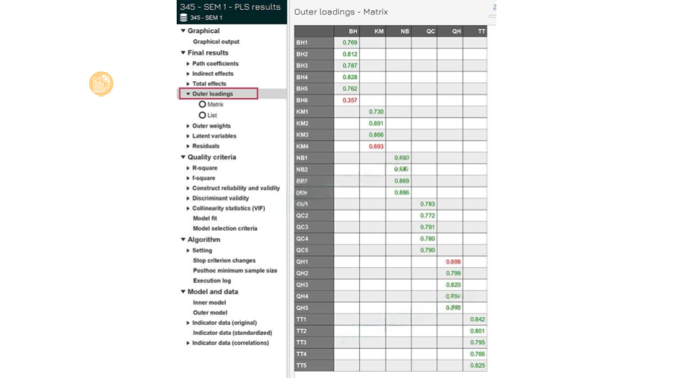 Hướng dẫn SmartPLS 4: Phân tích mô hình đo lường Bảng kết quả Outer Loadings dùng để đánh giá chất lượng biến quan sát trên smartpls 4.